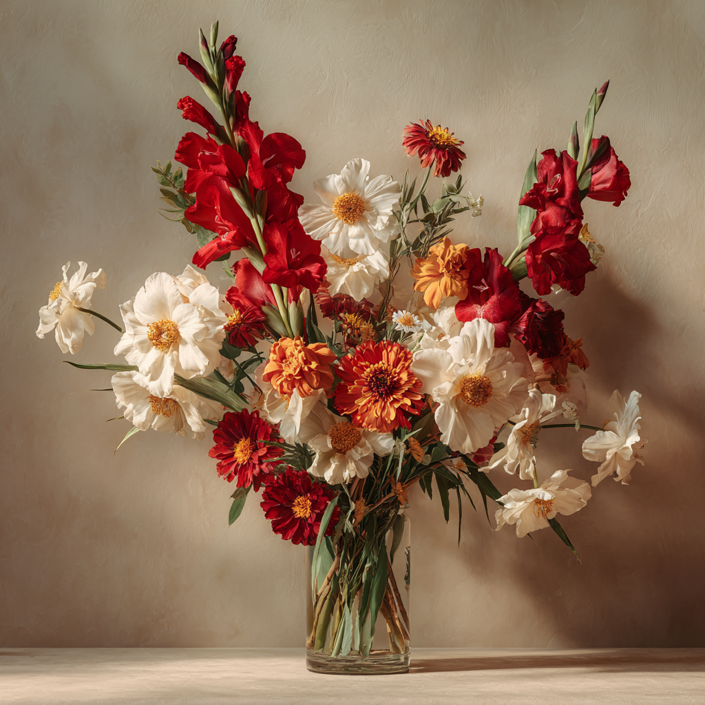 Puissance et élégance pour la rentrée. Le bouquet Éclat de Septembre associe la verticalité des gladiolus rouges, la pureté des anémones japonaises blanches et l’énergie colorée des zinnias. Une composition graphique et lumineuse qui célèbre la réussite et les nouveaux départs.