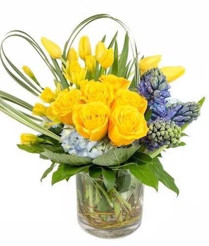 Soleil en Vase : Harmonie en Jaune et Bleu
