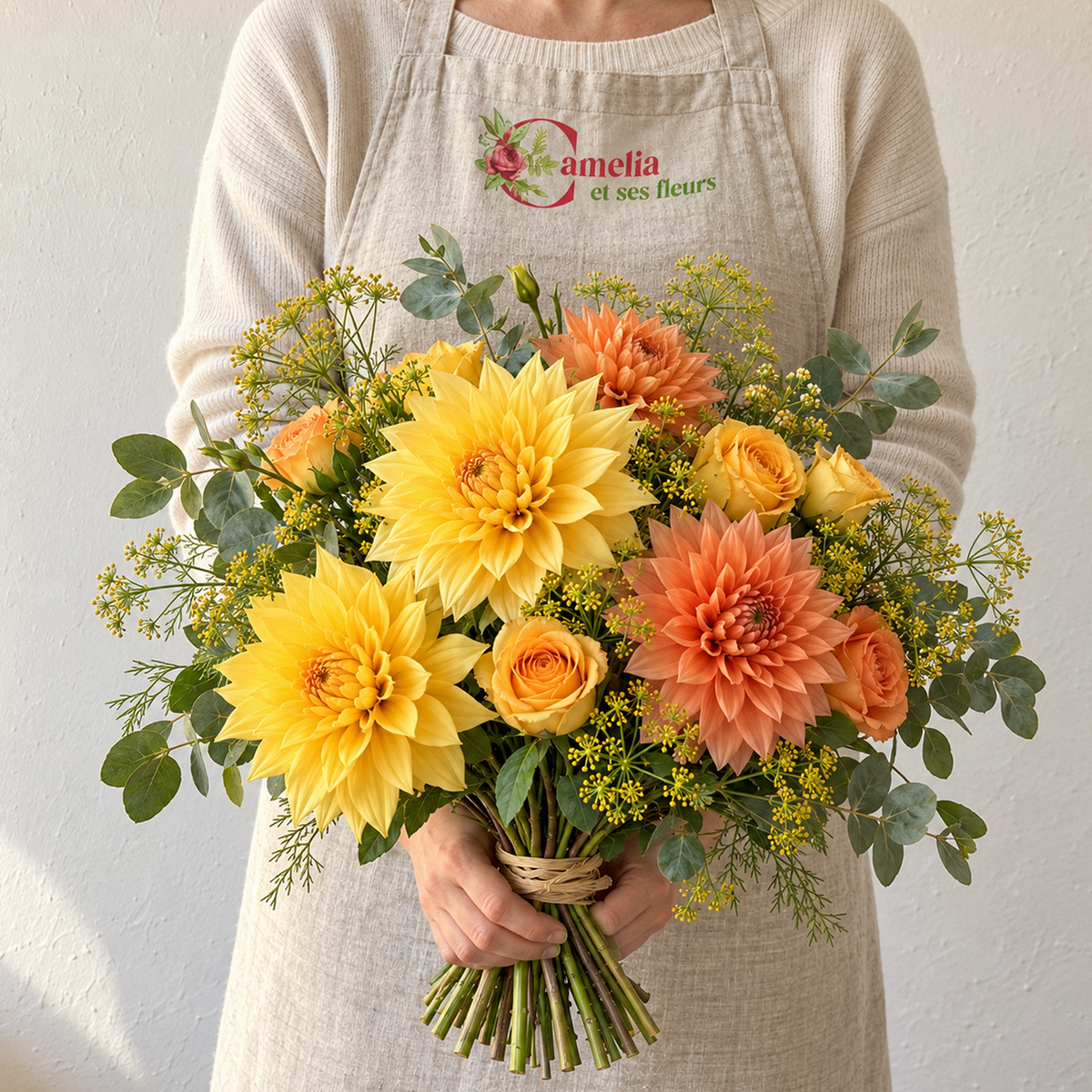 Roi Soleil, bouquet d'automne de dahlias jaunes et de roses orange, tenu par une fleuriste Camelia