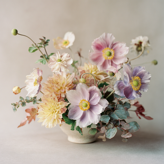 Bouquet Ouverture – Anémones japonaises pastel et chrysanthèmes