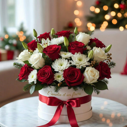 Composition raffinée :
Roses rouges premium : symbole de passion et d'amour, sélectionnées pour leur qualité exceptionnelle
Roses blanches : apportant pureté et élégance à l'ensemble
Chrysanthèmes blancs : fleurs délicates ajoutant volume et texture
Branches de sapin : pour une ambiance authentiquement hivernale et parfumée
Feuillage vert : sublimant la composition avec fraîcheur