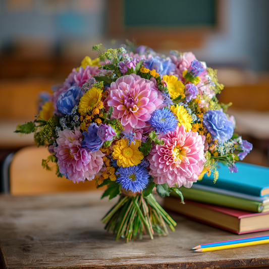 Cartable Champêtre Dahlias roses, Asters bleus & Zinnias jaunes