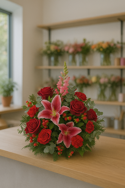 Coussin Élégance Rubis, roses rouges et lys rose