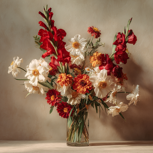 Puissance et élégance pour la rentrée. Le bouquet Éclat de Septembre associe la verticalité des gladiolus rouges, la pureté des anémones japonaises blanches et l’énergie colorée des zinnias. Une composition graphique et lumineuse qui célèbre la réussite et les nouveaux départs.