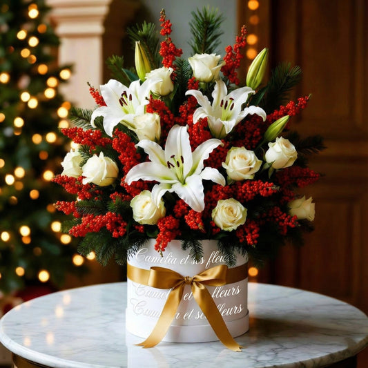 Une composition florale éclatante dans un écrin exclusif

Découvrez notre Box de Noël Éclat Blanc et Or, une création raffinée qui célèbre la pureté du blanc et l'élégance de l'or dans un contenant personnalisé Camelia et ses fleurs.

Composition luxueuse :
Lys blancs : fleurs majestueuses au parfum envoûtant, symbole d'élégance et de pureté
Roses blanches : apportant douceur et raffinement à l'ensemble
Baies rouges décoratives : touches de couleur festive créant un contraste saisissant
Branches de sapin : 