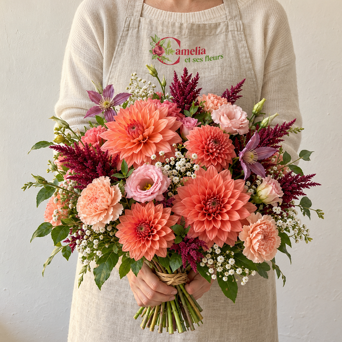 Bouquet de saison d'automne corail, saumon et bordeaux, tenu par une fleuriste Camelia