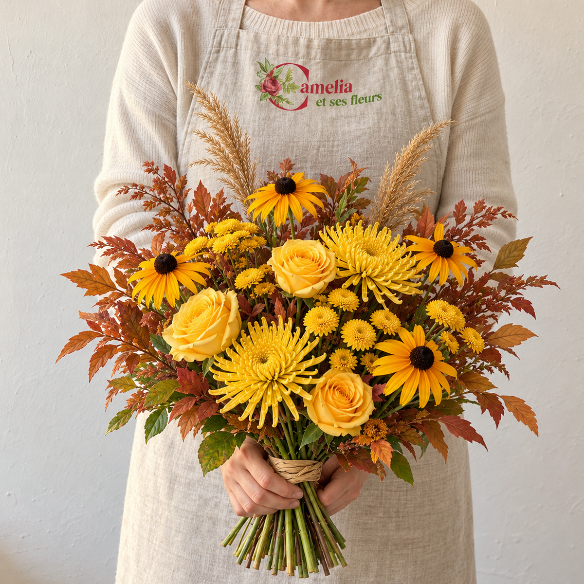 Bouquet du fleuriste jaune et ocre, tenu par une fleuriste Camelia