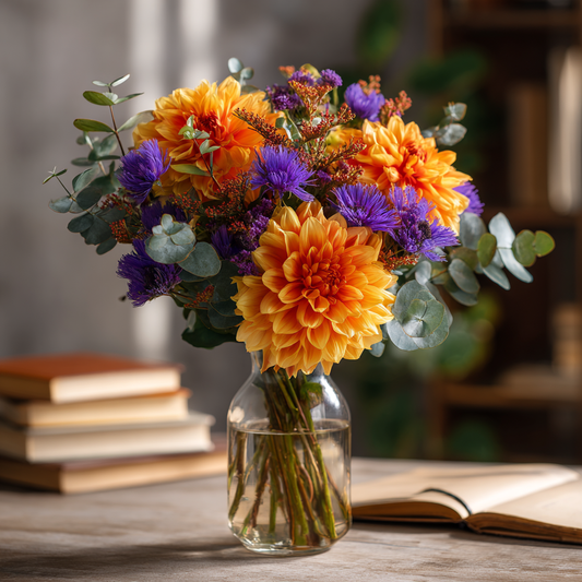 Fleurs de saison : dahlias, asters, eucalyptus