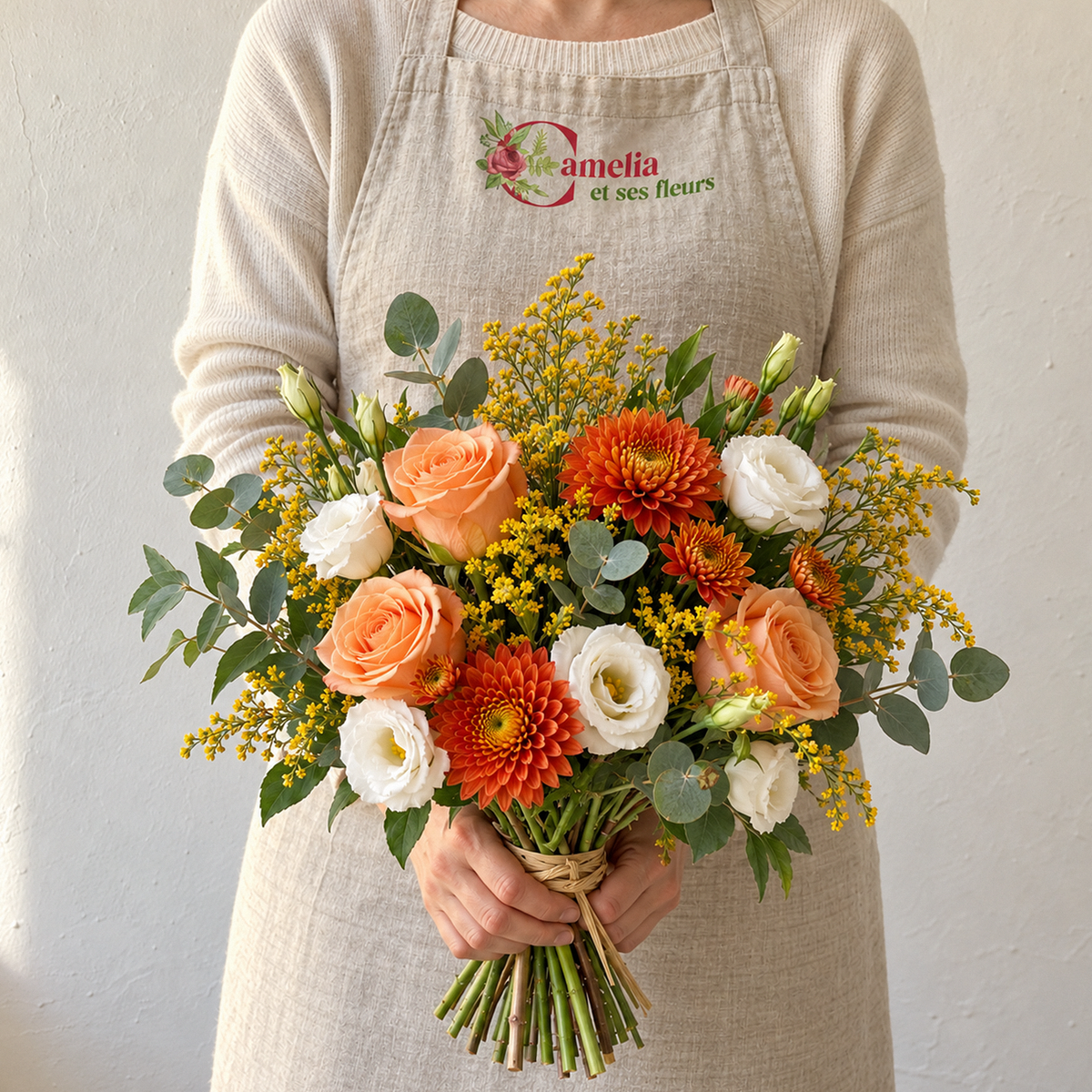 Douceur d'Octobre, bouquet d'automne de roses, chrysanthèmes et lisianthus orange, jaune et blanc, tenu par une fleuriste Camelia
