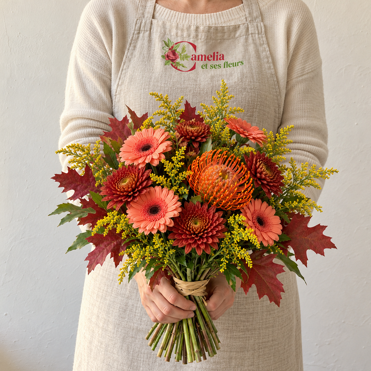 Forêt de Marly, bouquet champêtre d'automne de germinis orange, chrysanthèmes bronze et chêne, tenu par une fleuriste Camelia