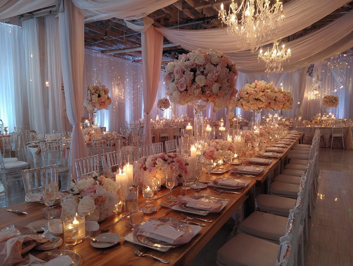 Longue table de réception sous des voilages, compositions de roses poudrées en hauteur et bougies