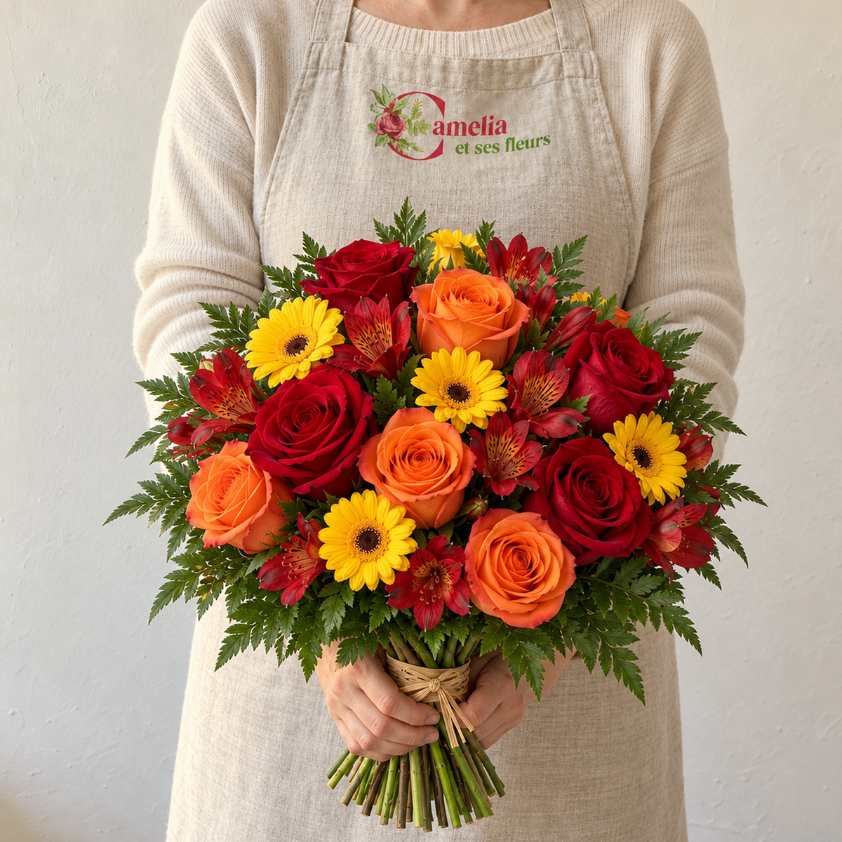 Pomme d'Amour, bouquet d'automne de petites roses et germinis rouges, orange et jaunes, tenu par une fleuriste Camelia