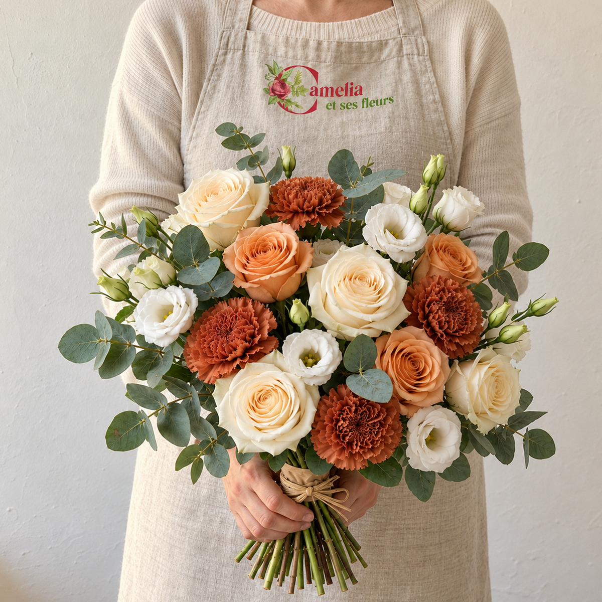 Terre de Sienne, bouquet d'automne d'œillets, roses et lisianthus crème et terracotta, tenu par une fleuriste Camelia